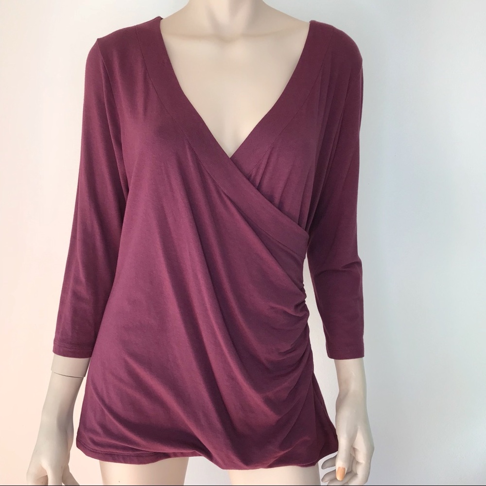 Soft Surroundings Plum Faux Wrap 3/4 Sleeve Knit L